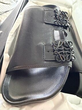 Mens Black Slide Sandal with Decorative Buckles
